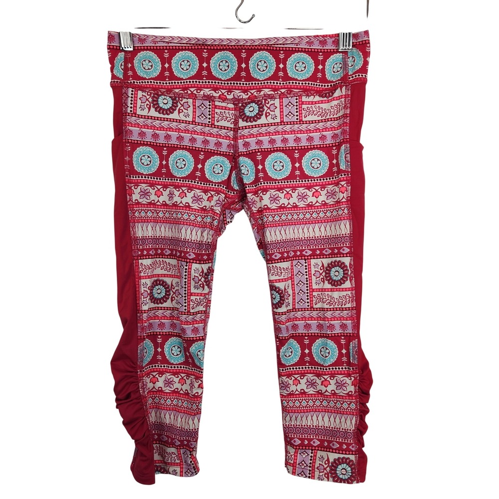 Carve Designs Capri Leggings XS Pink Patterned Side Pockets Yoga Athletic Ruched
